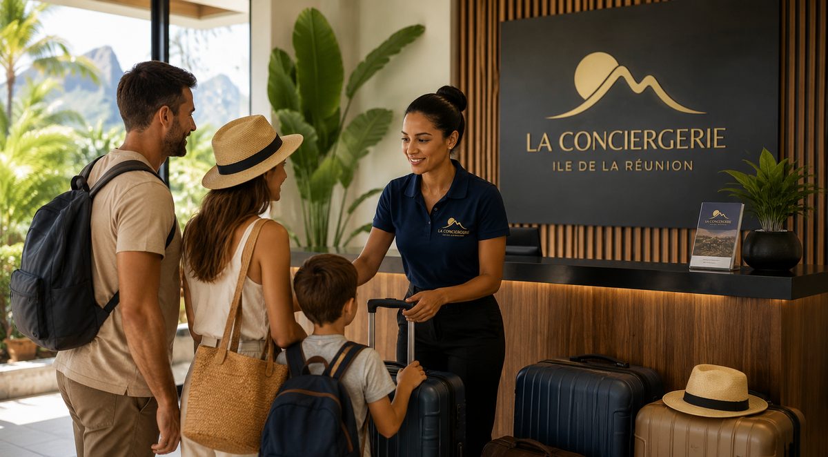 Accueil d'une famille de voyageurs à la consigne à bagages Run Bagagerie de Saint-Leu, La Réunion